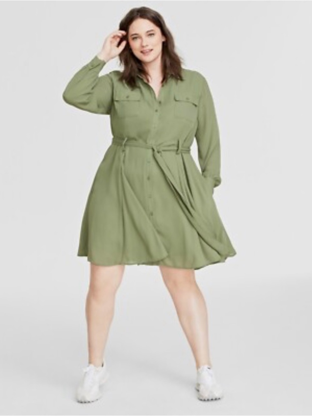 Relaxed Olive Green Button-Front Shirt Dress with Tie Belt